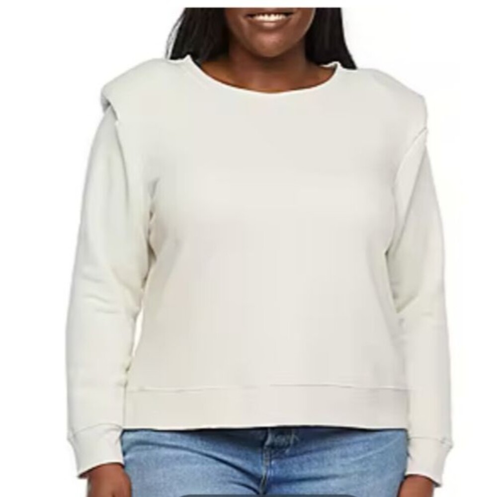 Anna a New Approach Womens Sweatshirt White 1X Cotton Blend Shoulder Pads